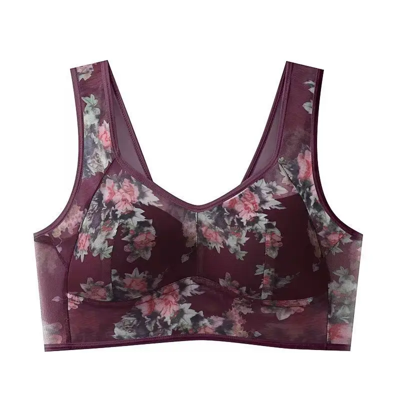 plus size Underwear Lace Steel Ring Push-up Drooping Mom Bra Women's Traceless Vest Thin Sleeping Bra