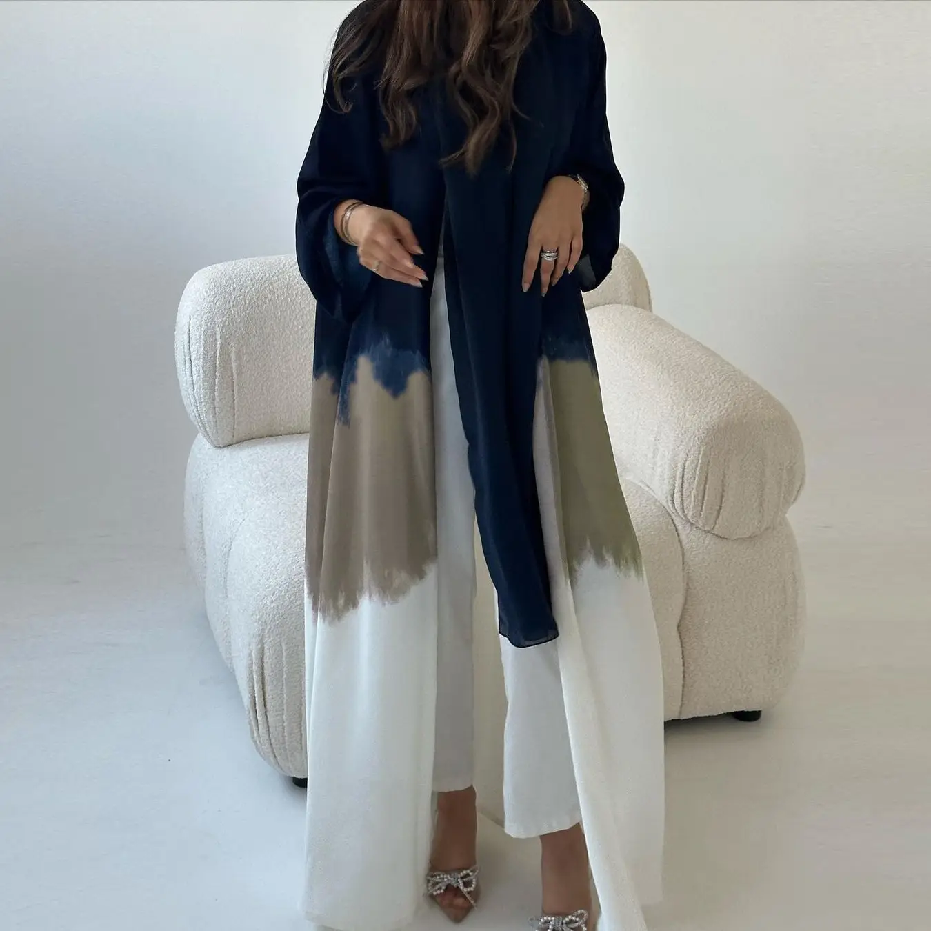 Cross-Border Tie-Dye Cape Abaya Dress Green Yellow White - Image 3