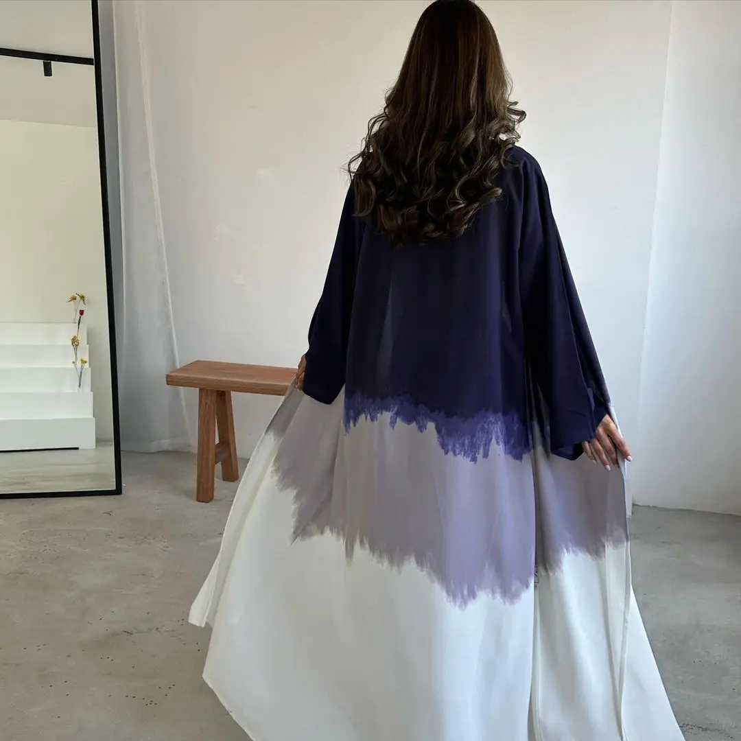 Cross-Border Tie-Dye Cape Abaya Dress Green Yellow White - Image 4