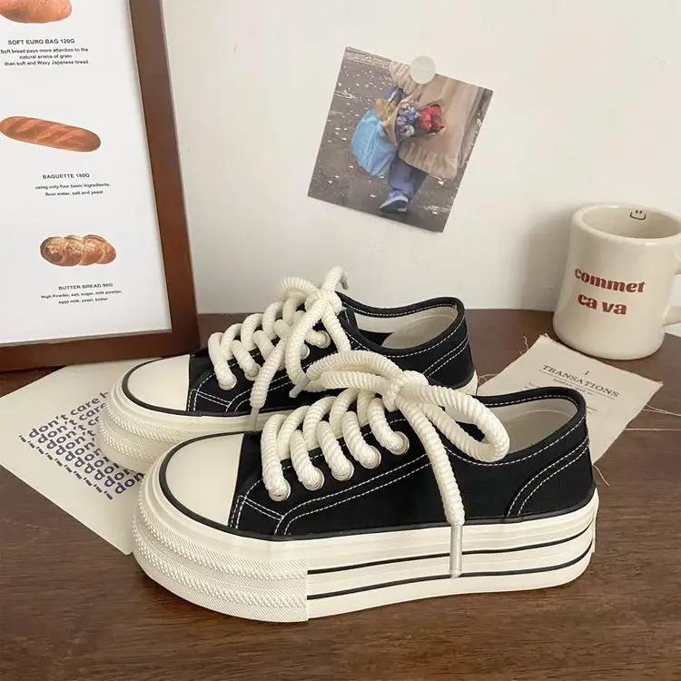 Cream platform canvas shoes women's thin spring and summer New ins trendy niche Korean style big head muffin white shoes for students — feature 16