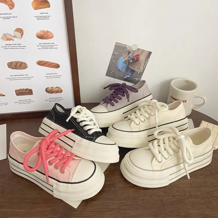 Cream platform canvas shoes women's thin spring and summer New ins trendy niche Korean style big head muffin white shoes for students — feature 3