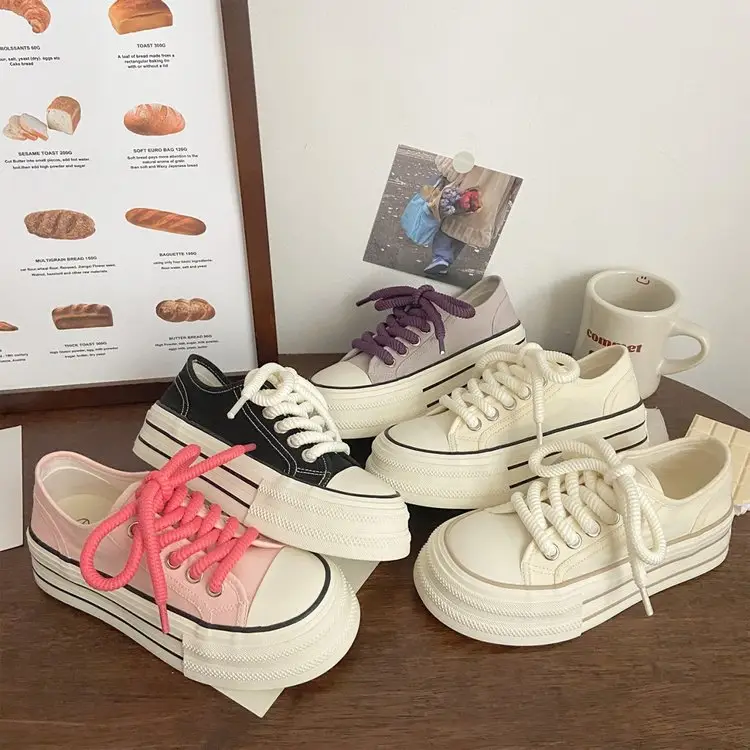 Cream platform canvas shoes women's thin spring and summer New ins trendy niche Korean style big head muffin white shoes for students — feature 5