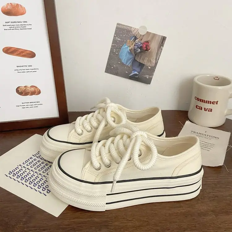 Cream platform canvas shoes women's thin spring and summer New ins trendy niche Korean style big head muffin white shoes for students — feature 6