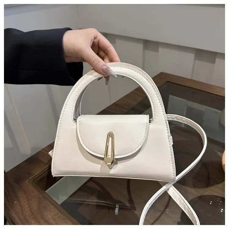 Women's Beige Square Handbag with Gold Clasp