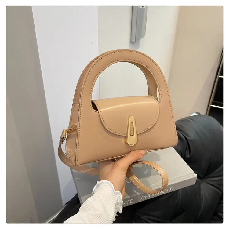 Women's Beige Square Handbag with Gold Clasp