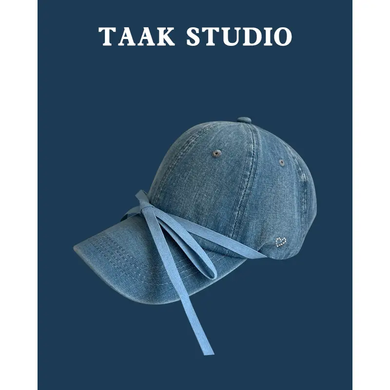 Women Washed Denim Bow Cap Spring Summer Sun Protection - Image 4