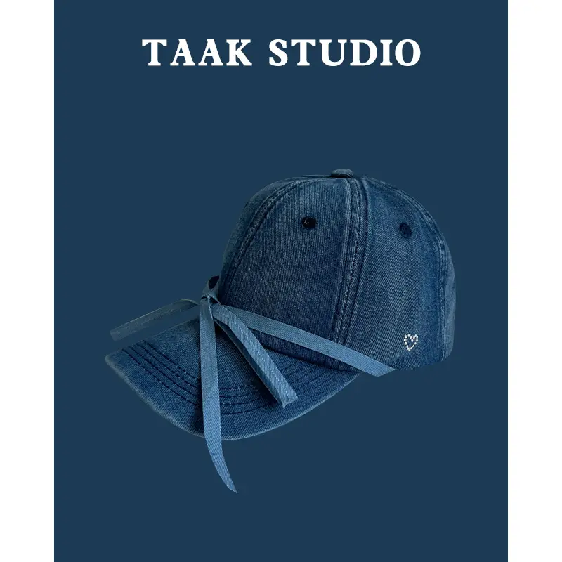 Women Washed Denim Bow Cap Spring Summer Sun Protection - Image 6