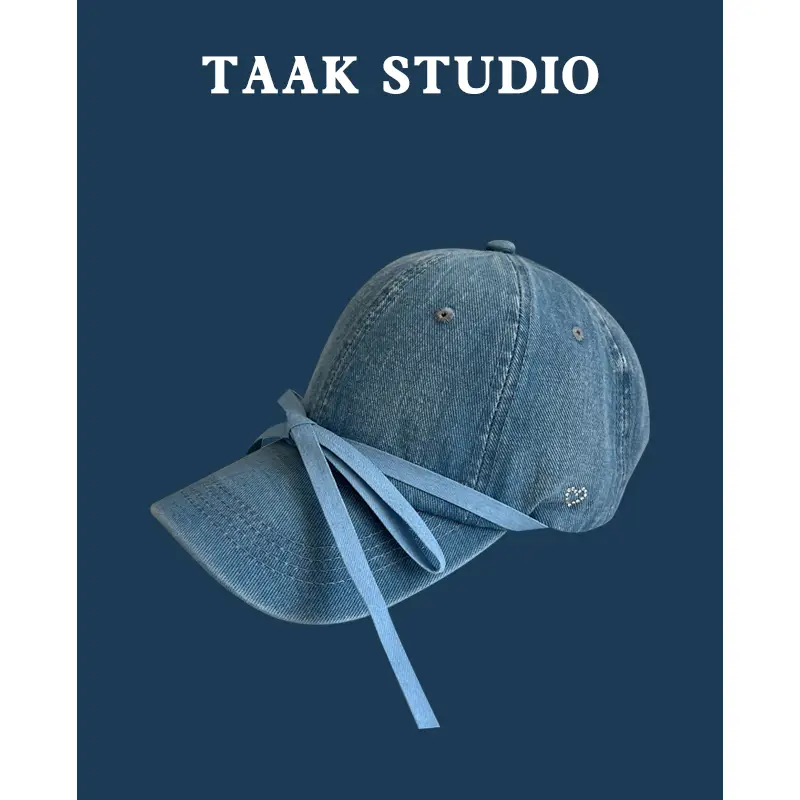 Women Washed Denim Bow Cap Spring Summer Sun Protection - Image 2