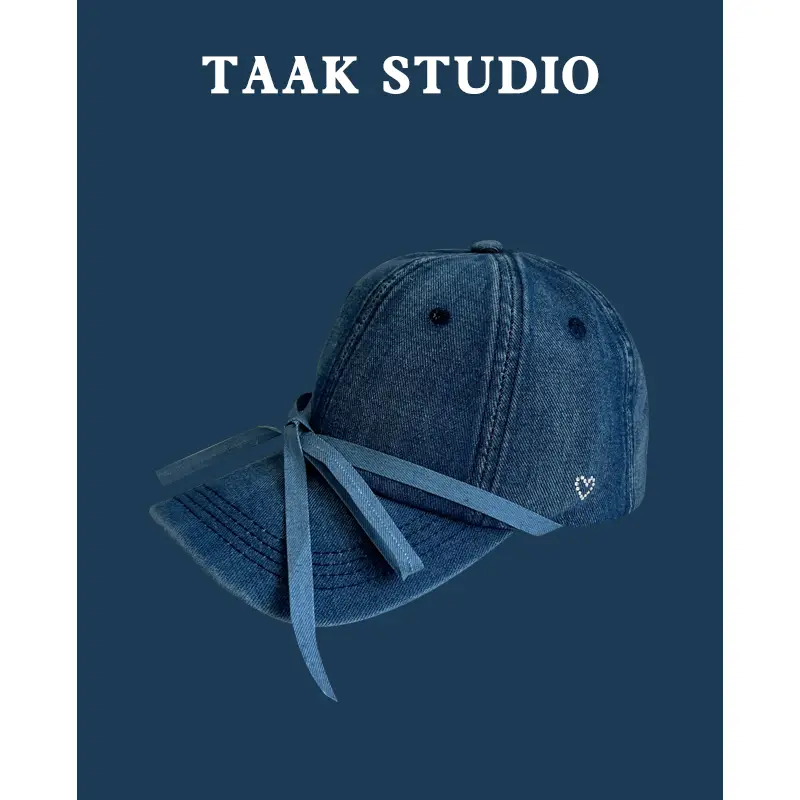 Women Washed Denim Bow Cap Spring Summer Sun Protection - Image 3