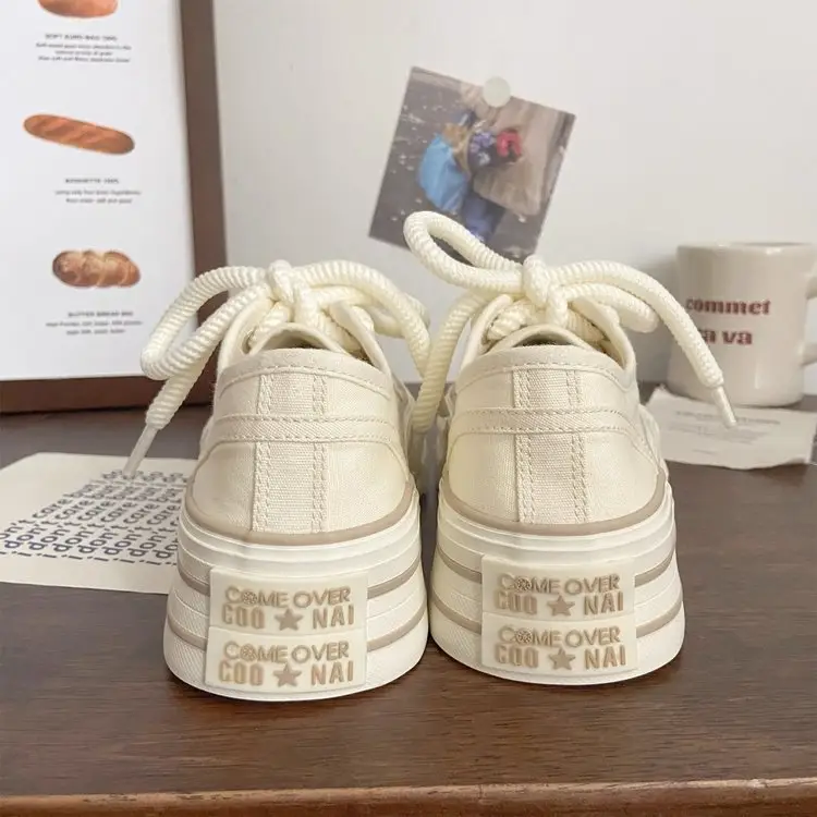 Cream platform canvas shoes women's thin spring and summer New ins trendy niche Korean style big head muffin white shoes for students — feature 11