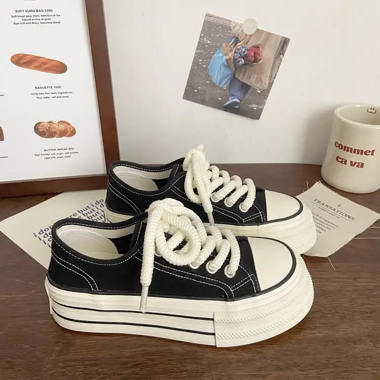 Cream platform canvas shoes women's thin spring and summer New ins trendy niche Korean style big head muffin white shoes for students — feature 15