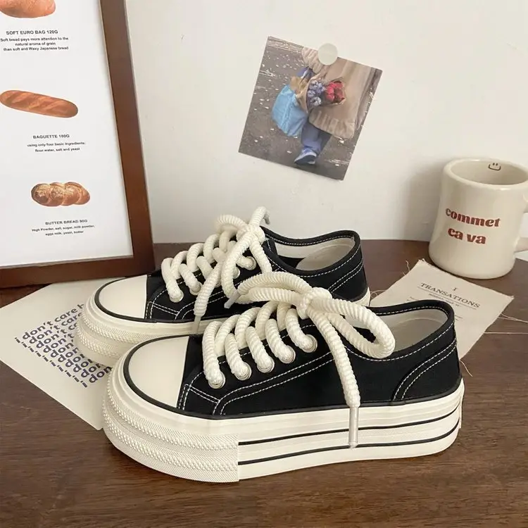 Cream platform canvas shoes women's thin spring and summer New ins trendy niche Korean style big head muffin white shoes for students — feature 16