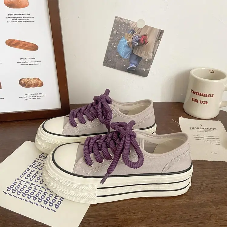 Cream platform canvas shoes women's thin spring and summer New ins trendy niche Korean style big head muffin white shoes for students — feature 18