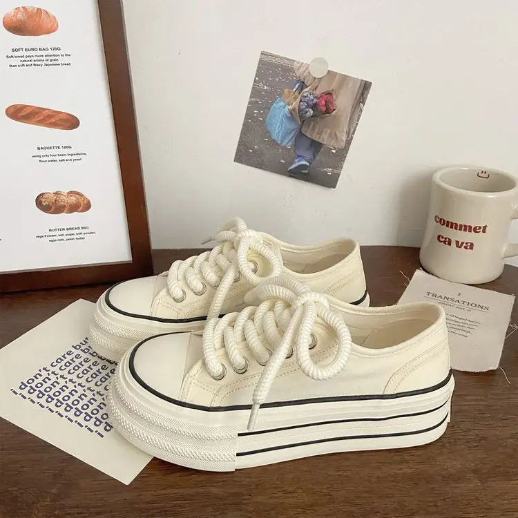 Cream platform canvas shoes women's thin spring and summer New ins trendy niche Korean style big head muffin white shoes for students — feature 6