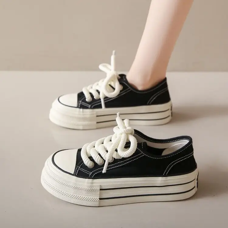 Cream platform canvas shoes women's thin spring and summer New ins trendy niche Korean style big head muffin white shoes for students — feature 7