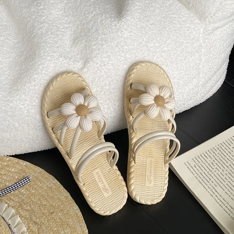 New Fashionable Flower Women's Shoes Summer Straw Slippers Ethnic Style Roman Shoes Beach Flip-Flops Two-Wear Shoes Sandals