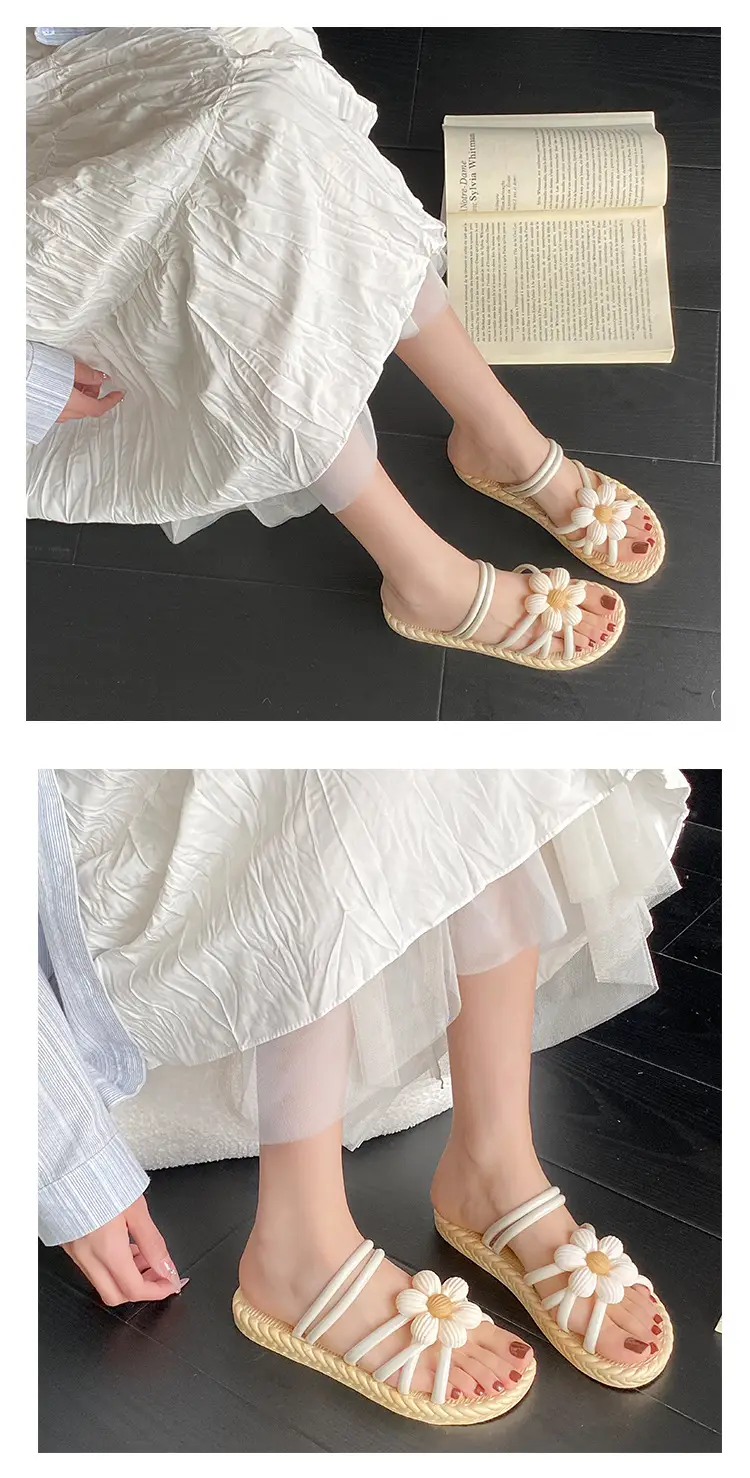New Fashionable Flower Women's Shoes Summer Straw Slippers Ethnic Style Roman Shoes Beach Flip-Flops Two-Wear Shoes Sandals — feature 10