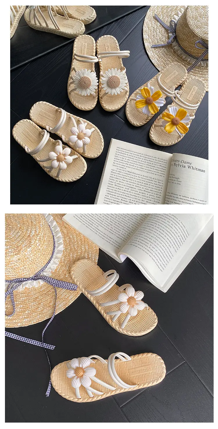 New Fashionable Flower Women's Shoes Summer Straw Slippers Ethnic Style Roman Shoes Beach Flip-Flops Two-Wear Shoes Sandals — feature 11