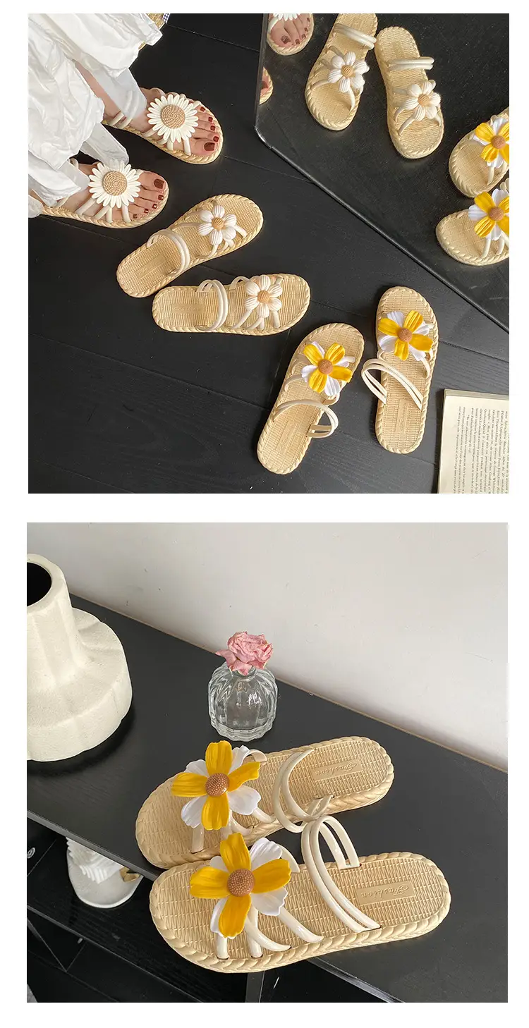 New Fashionable Flower Women's Shoes Summer Straw Slippers Ethnic Style Roman Shoes Beach Flip-Flops Two-Wear Shoes Sandals — feature 15