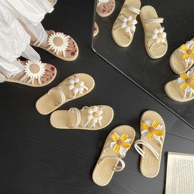 New Fashionable Flower Women's Shoes Summer Straw Slippers Ethnic Style Roman Shoes Beach Flip-Flops Two-Wear Shoes Sandals — feature 18