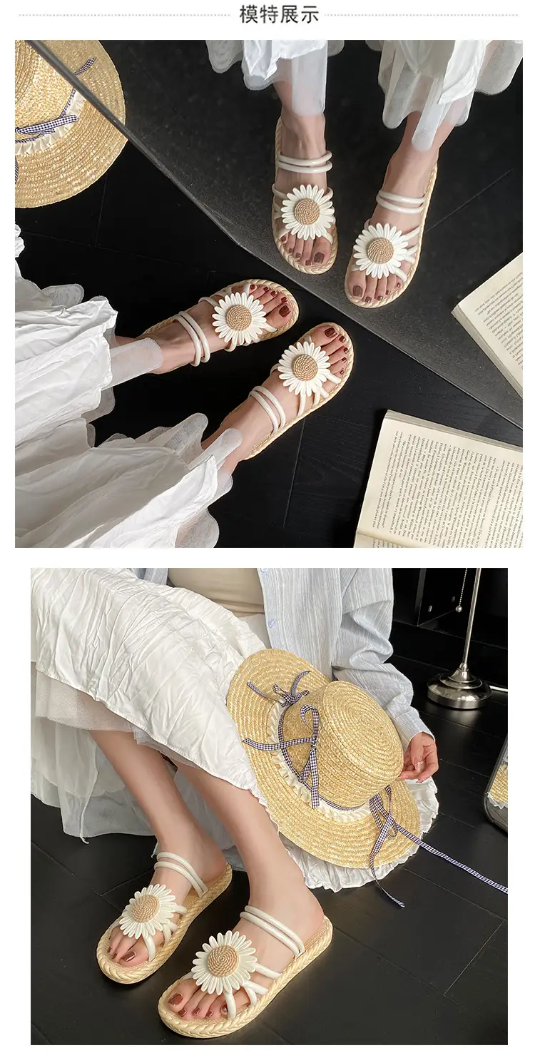 New Fashionable Flower Women's Shoes Summer Straw Slippers Ethnic Style Roman Shoes Beach Flip-Flops Two-Wear Shoes Sandals — feature 4