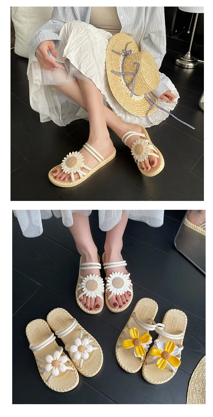 New Fashionable Flower Women's Shoes Summer Straw Slippers Ethnic Style Roman Shoes Beach Flip-Flops Two-Wear Shoes Sandals — feature 5