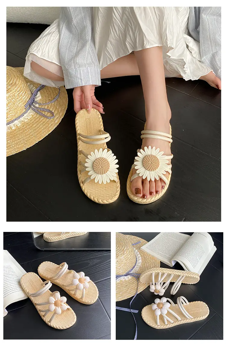 New Fashionable Flower Women's Shoes Summer Straw Slippers Ethnic Style Roman Shoes Beach Flip-Flops Two-Wear Shoes Sandals — feature 6