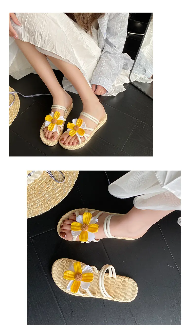 New Fashionable Flower Women's Shoes Summer Straw Slippers Ethnic Style Roman Shoes Beach Flip-Flops Two-Wear Shoes Sandals — feature 7