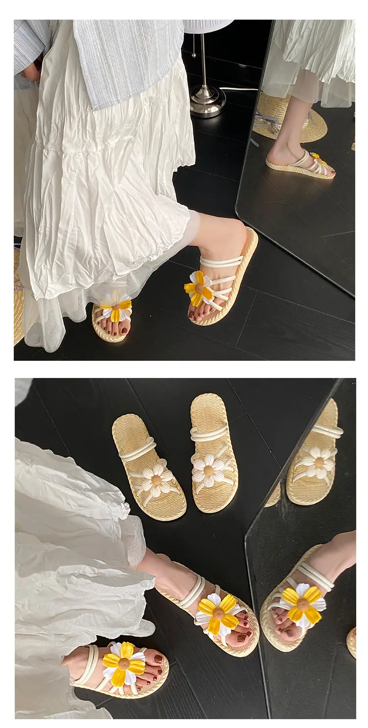New Fashionable Flower Women's Shoes Summer Straw Slippers Ethnic Style Roman Shoes Beach Flip-Flops Two-Wear Shoes Sandals — feature 8