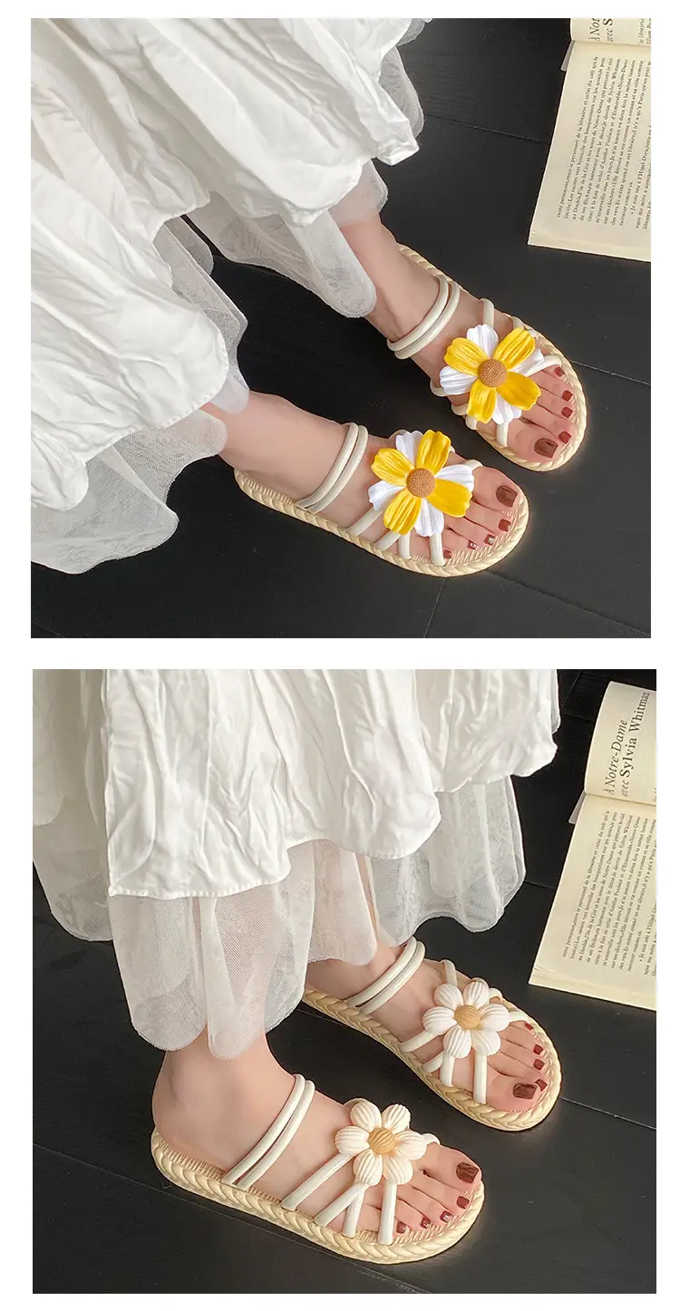 New Fashionable Flower Women's Shoes Summer Straw Slippers Ethnic Style Roman Shoes Beach Flip-Flops Two-Wear Shoes Sandals — feature 9