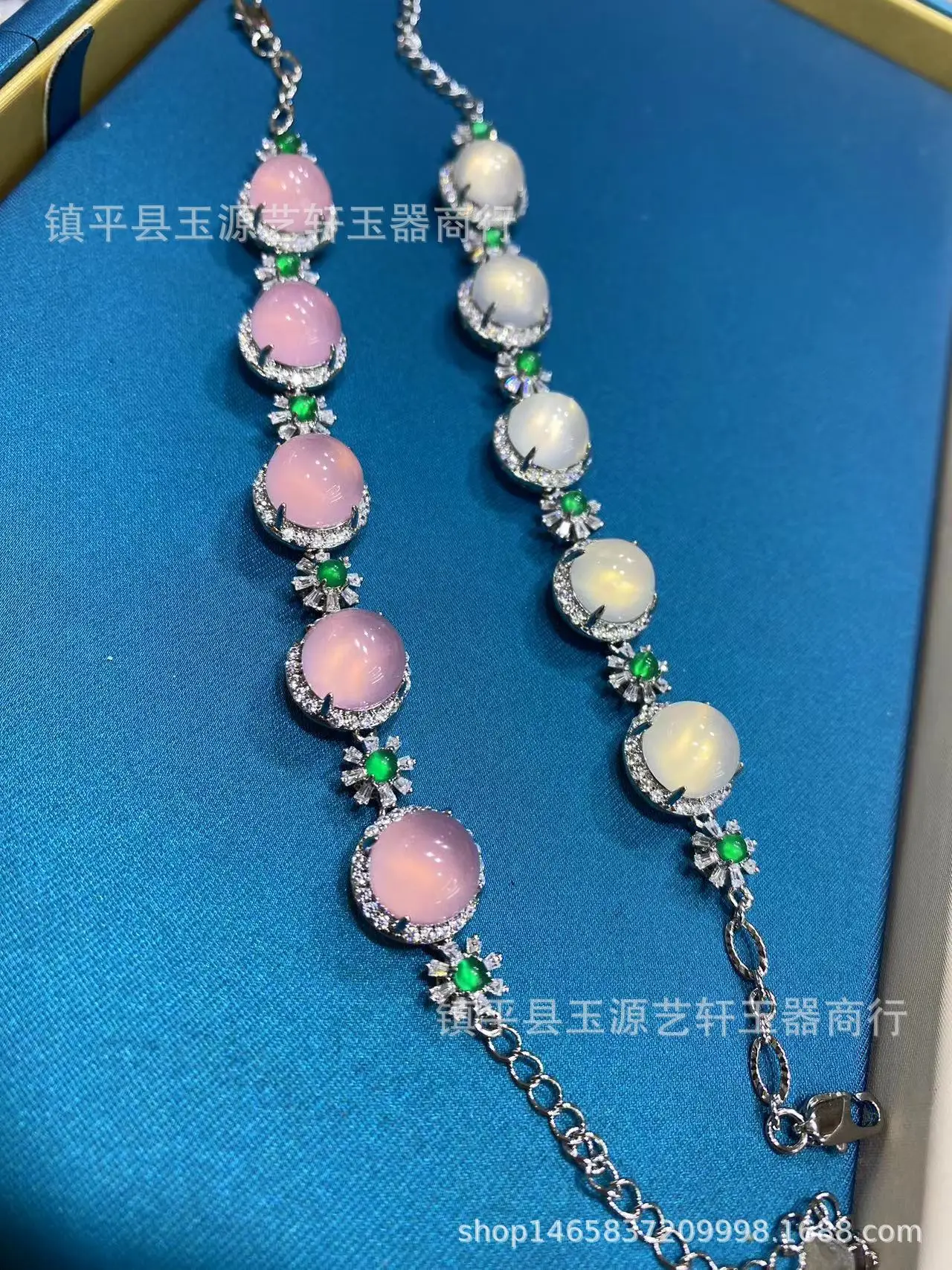 New Chinese Natural High Ice Chalcedony Pink Agate Bracelet Full Diamond Inlaid Women's Jewelry Live — feature 5