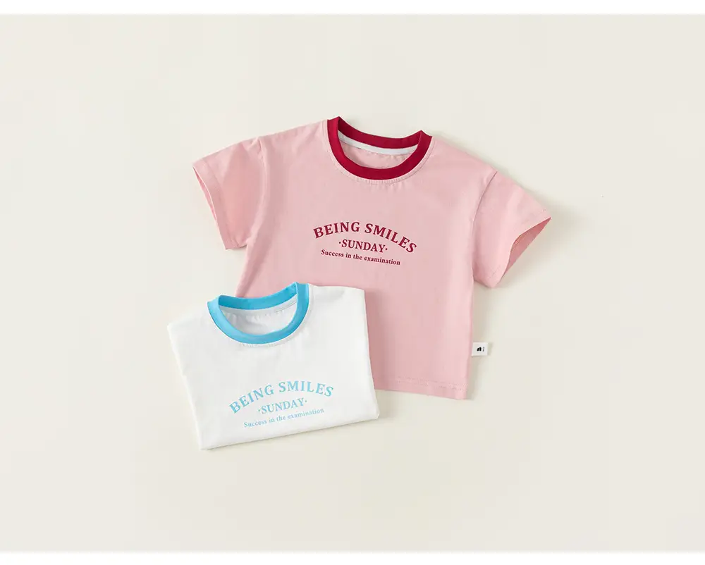 Girls Summer Color Block T-Shirt White Blue Round Neck — feature 11