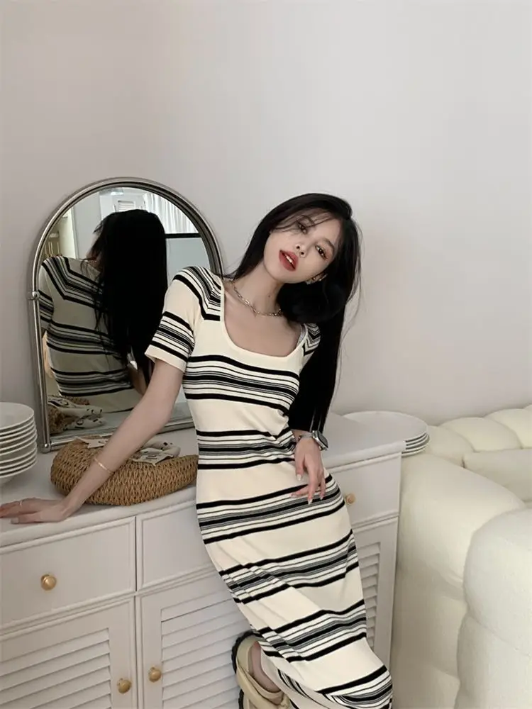 Square Neck Striped Short-Sleeved Dress Women's Summer Knitted Retro Slim Waist Mid-Length One-Step Skirt Versatile — feature 2
