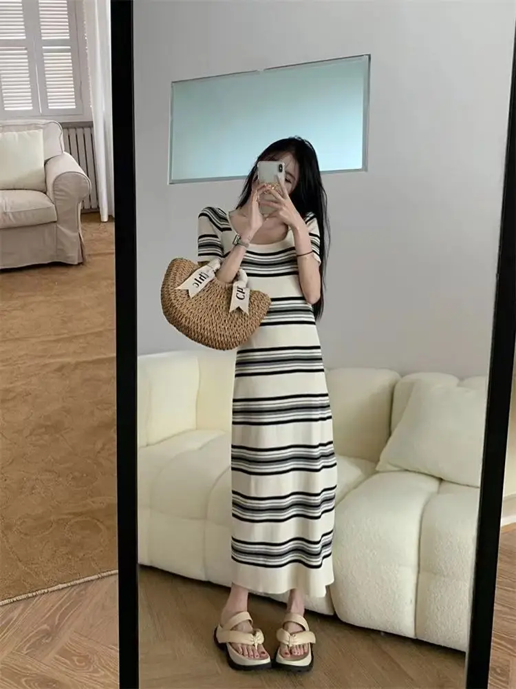 Square Neck Striped Short-Sleeved Dress Women's Summer Knitted Retro Slim Waist Mid-Length One-Step Skirt Versatile — feature 3