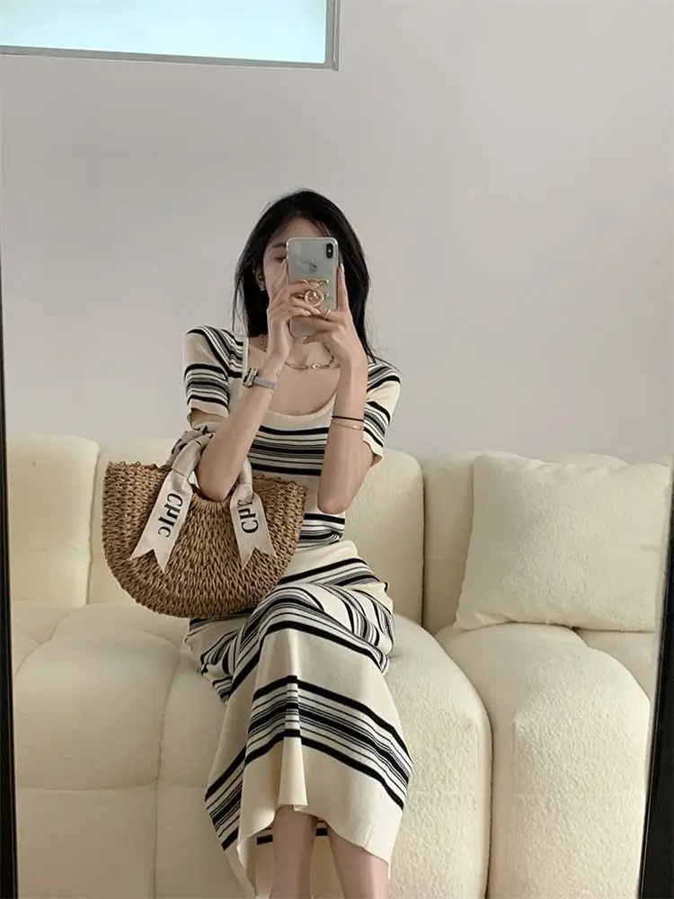 Square Neck Striped Short-Sleeved Dress Women's Summer Knitted Retro Slim Waist Mid-Length One-Step Skirt Versatile — feature 4