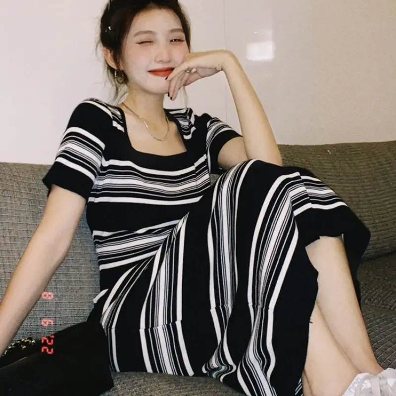 Square Neck Striped Short-Sleeved Dress Women's Summer Knitted Retro Slim Waist Mid-Length One-Step Skirt Versatile