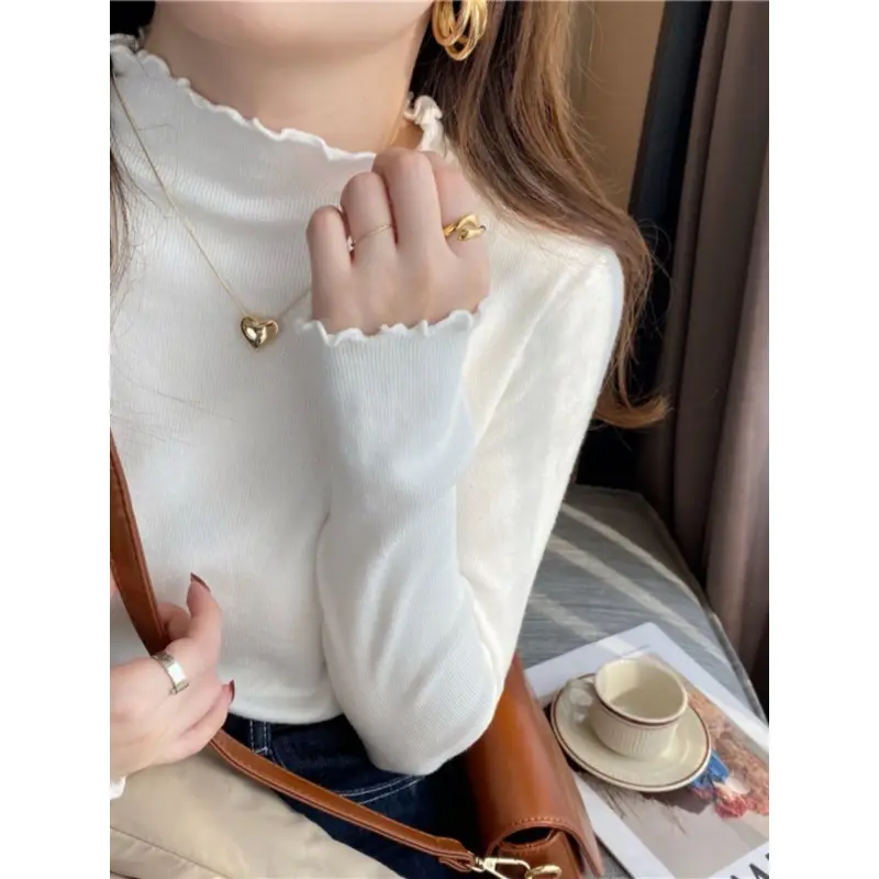 Half Turtleneck Slim Knitwear for Women in Autumn and Winter 2025 Fungus-Edged Bottoming Shirt with Slim Inner Right Shoulder Long-Sleeved Top