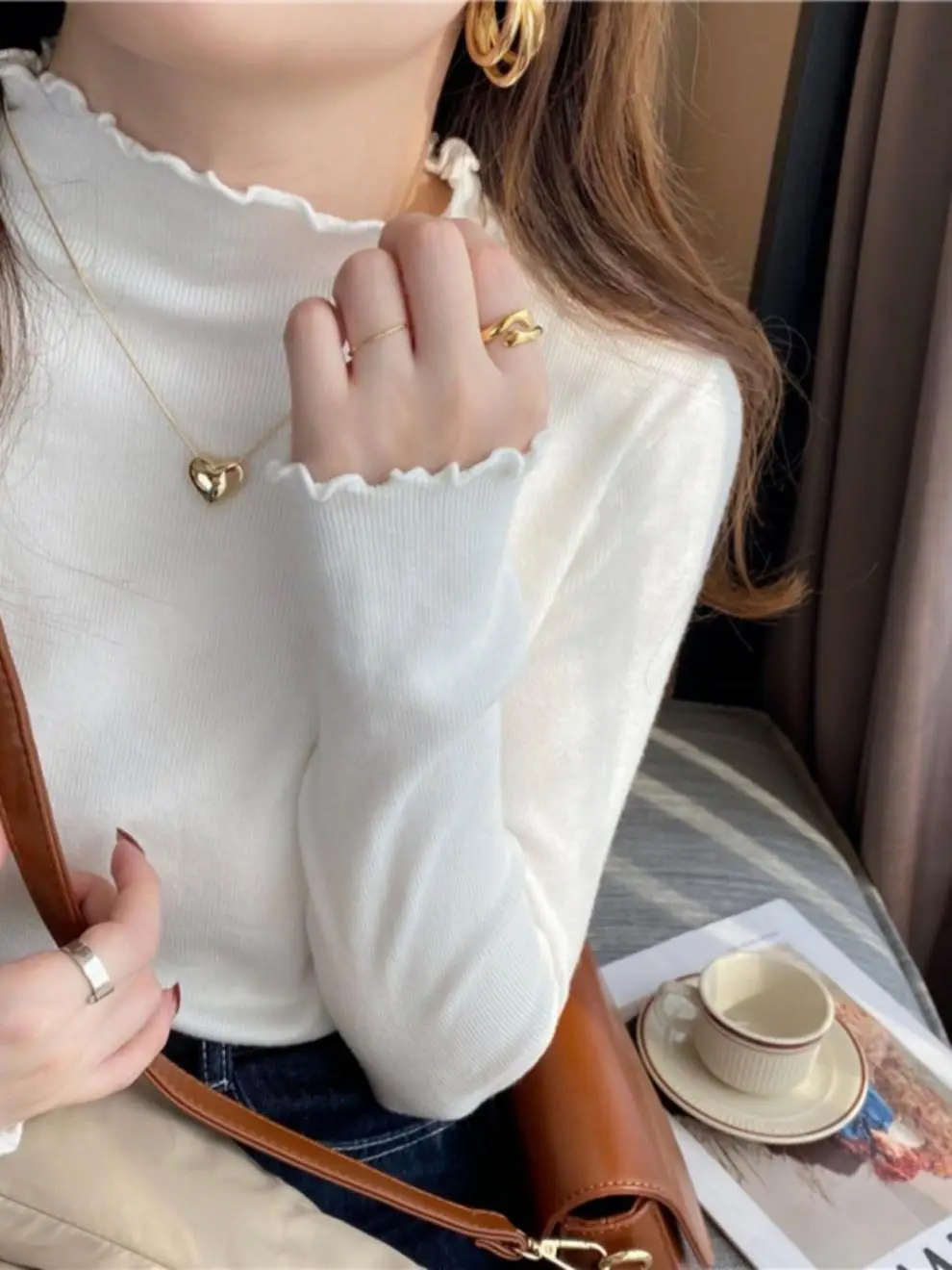 Half Turtleneck Slim Knitwear for Women in Autumn and Winter 2025 Fungus-Edged Bottoming Shirt with Slim Inner Right Shoulder Long-Sleeved Top — feature 3