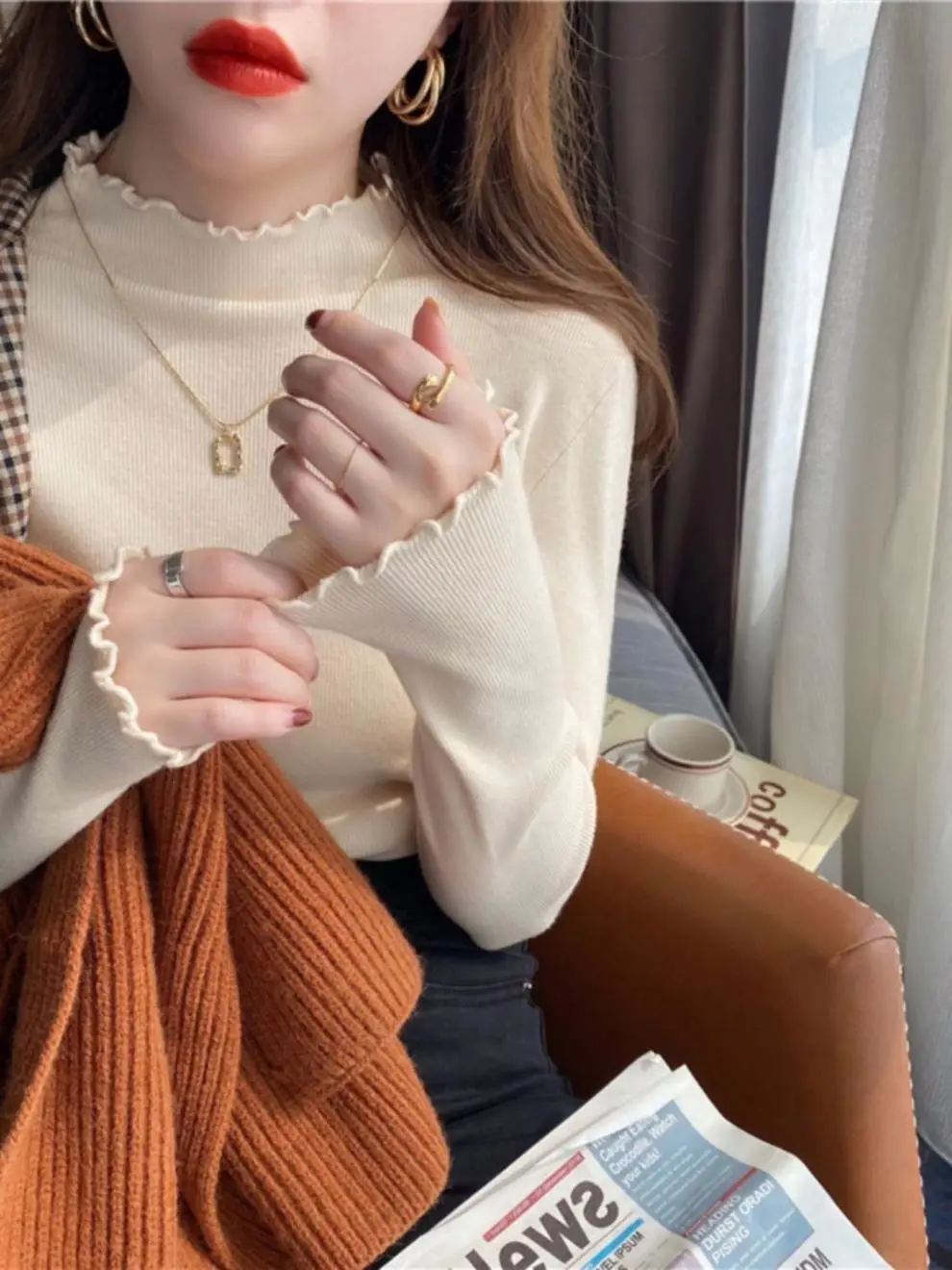 Half Turtleneck Slim Knitwear for Women in Autumn and Winter 2025 Fungus-Edged Bottoming Shirt with Slim Inner Right Shoulder Long-Sleeved Top — feature 4