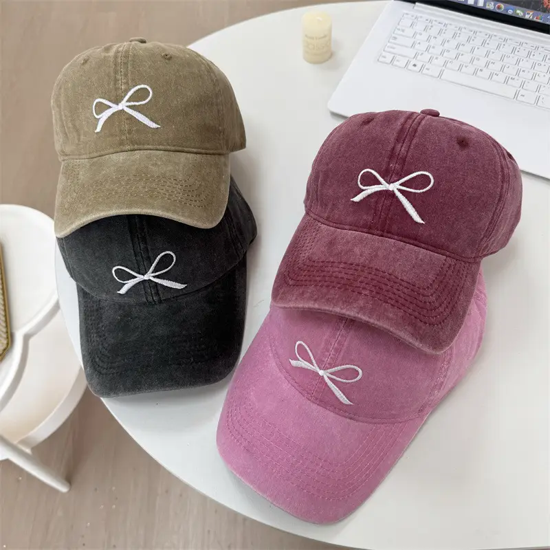 Washed Denim Bowknot Cap Women Gray Wide Brim - Image 5