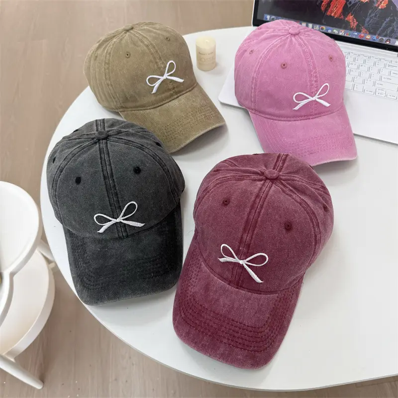 Washed Denim Bowknot Cap Women Gray Wide Brim - Image 6