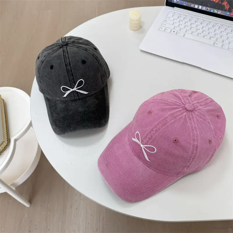Washed Denim Bowknot Cap Women Gray Wide Brim - Image 7