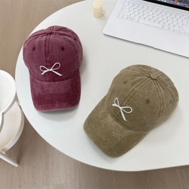 Washed Denim Bowknot Cap Women Gray Wide Brim - Image 8