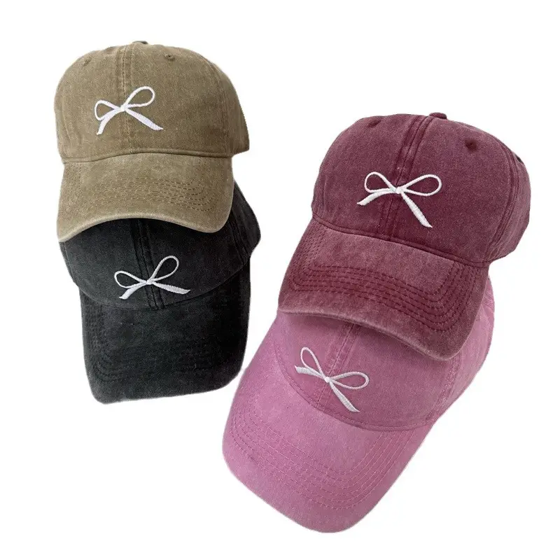 Washed Denim Bowknot Cap Women Gray Wide Brim - Image 9