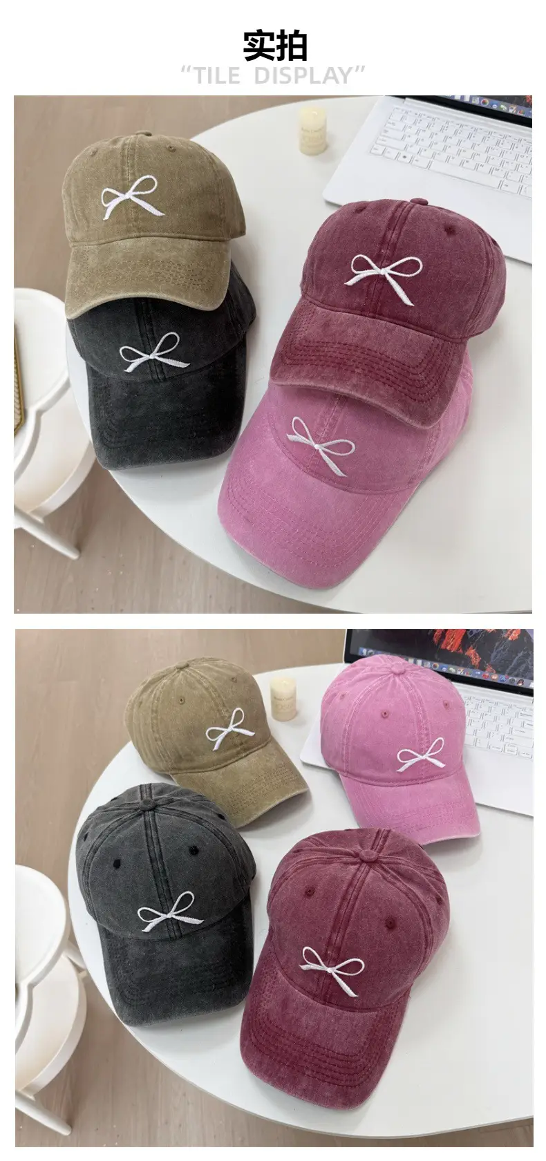Washed Denim Bowknot Cap Women Gray Wide Brim — feature 2