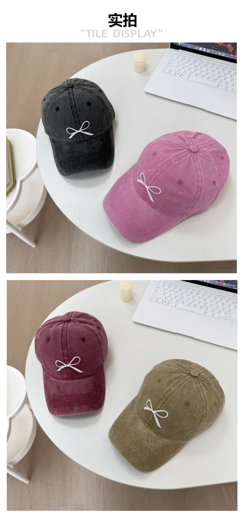 Washed Denim Bowknot Cap Women Gray Wide Brim — feature 3