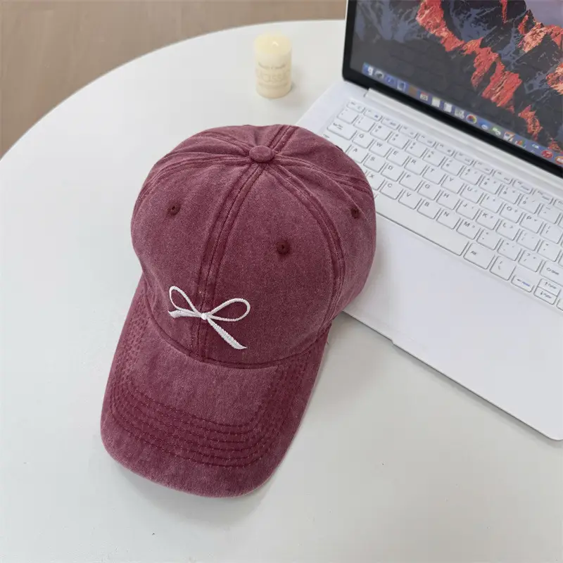 Washed Denim Bowknot Cap Women Gray Wide Brim - Image 2
