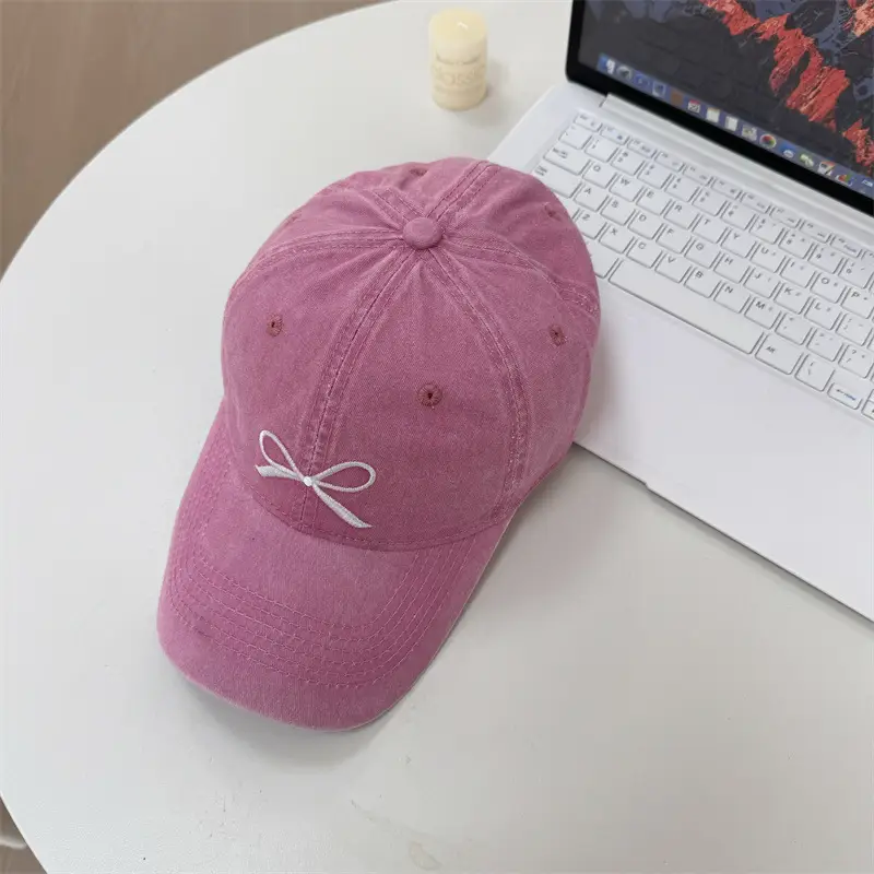 Washed Denim Bowknot Cap Women Gray Wide Brim - Image 3