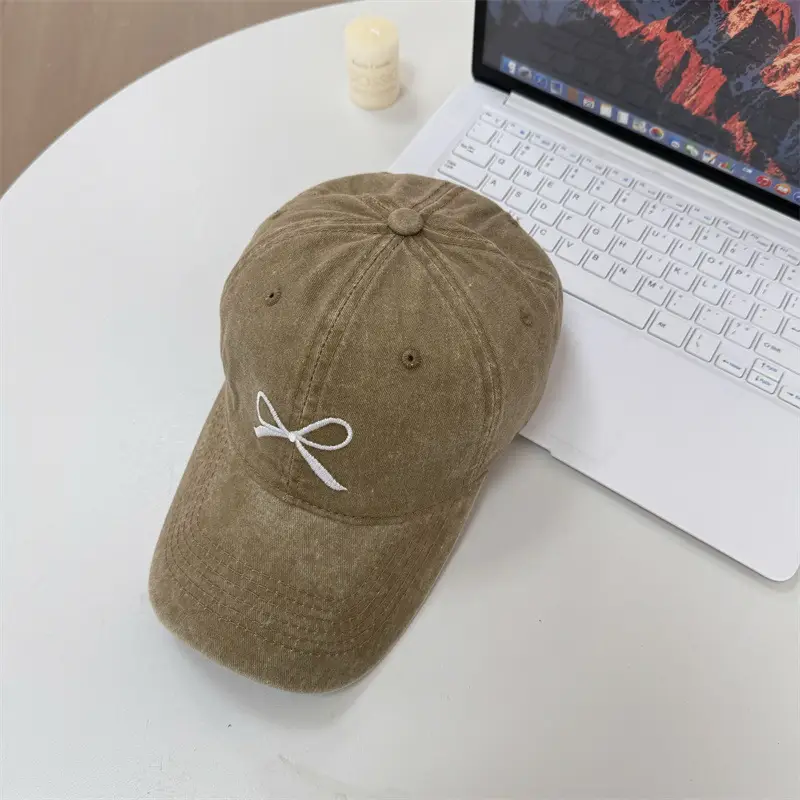 Washed Denim Bowknot Cap Women Gray Wide Brim - Image 4