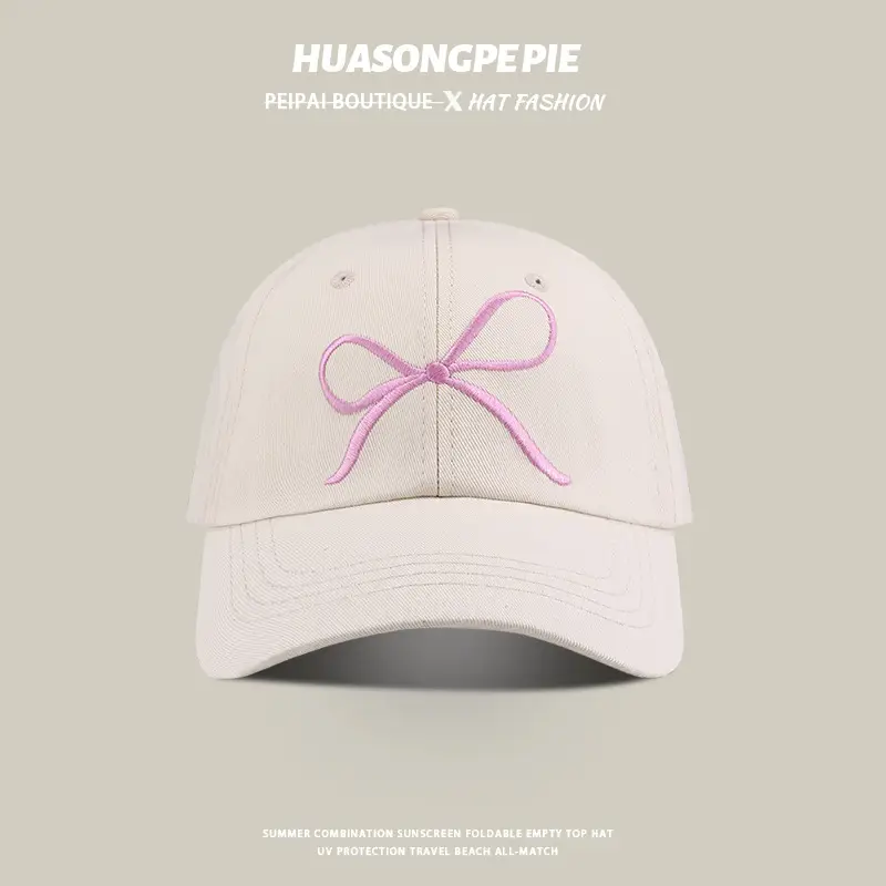 Pink Embroidered Bow Baseball Cap Women Men Summer